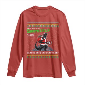 Funny Christmas Santa Godzilla Long Sleeve Shirt You Better Watch Out Santazilla Is Coming To Town TS11 Red Print Your Wear