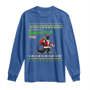 Funny Christmas Santa Godzilla Long Sleeve Shirt You Better Watch Out Santazilla Is Coming To Town TS11 Royal Blue Print Your Wear