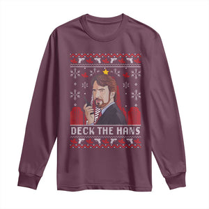 Funny Christmas Nakatomi Plaza Long Sleeve Shirt Deck The Hans TS11 Maroon Print Your Wear