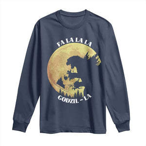 Funny Christmas Godzilla Long Sleeve Shirt Falalala Godzil La Santa Reindeers Xmas Japanese Monster TS11 Navy Print Your Wear