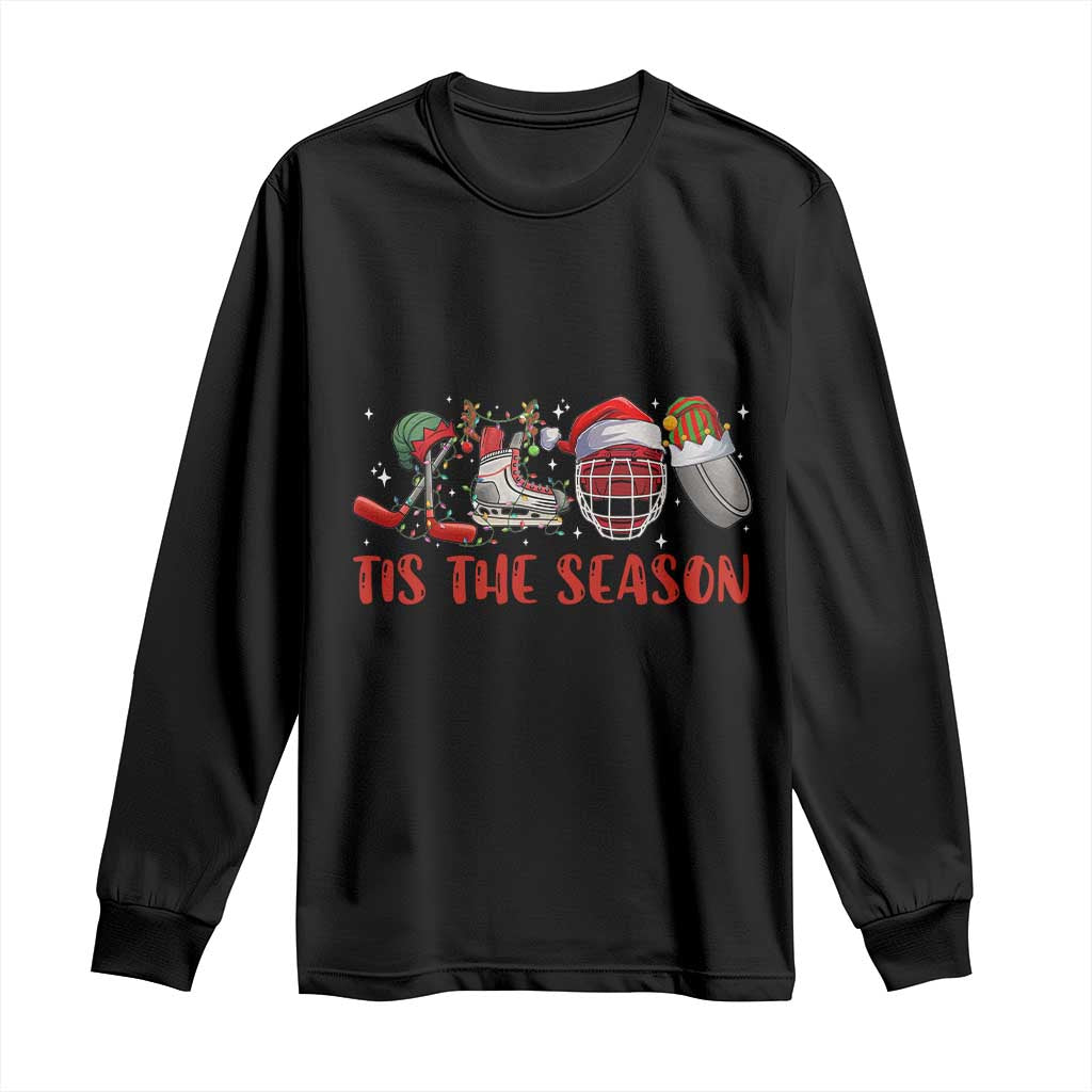 Funny Christmas Ice Hockey Long Sleeve Shirt Tis The Season Santa Elf Hat Hockey Equipment TS11 Black Print Your Wear