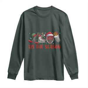 Funny Christmas Ice Hockey Long Sleeve Shirt Tis The Season Santa Elf Hat Hockey Equipment TS11 Dark Forest Green Print Your Wear