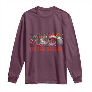 Funny Christmas Ice Hockey Long Sleeve Shirt Tis The Season Santa Elf Hat Hockey Equipment TS11 Maroon Print Your Wear