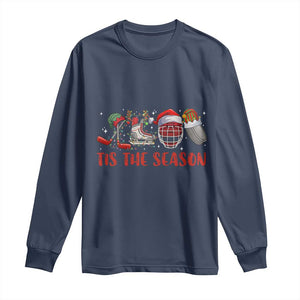 Funny Christmas Ice Hockey Long Sleeve Shirt Tis The Season Santa Elf Hat Hockey Equipment TS11 Navy Print Your Wear