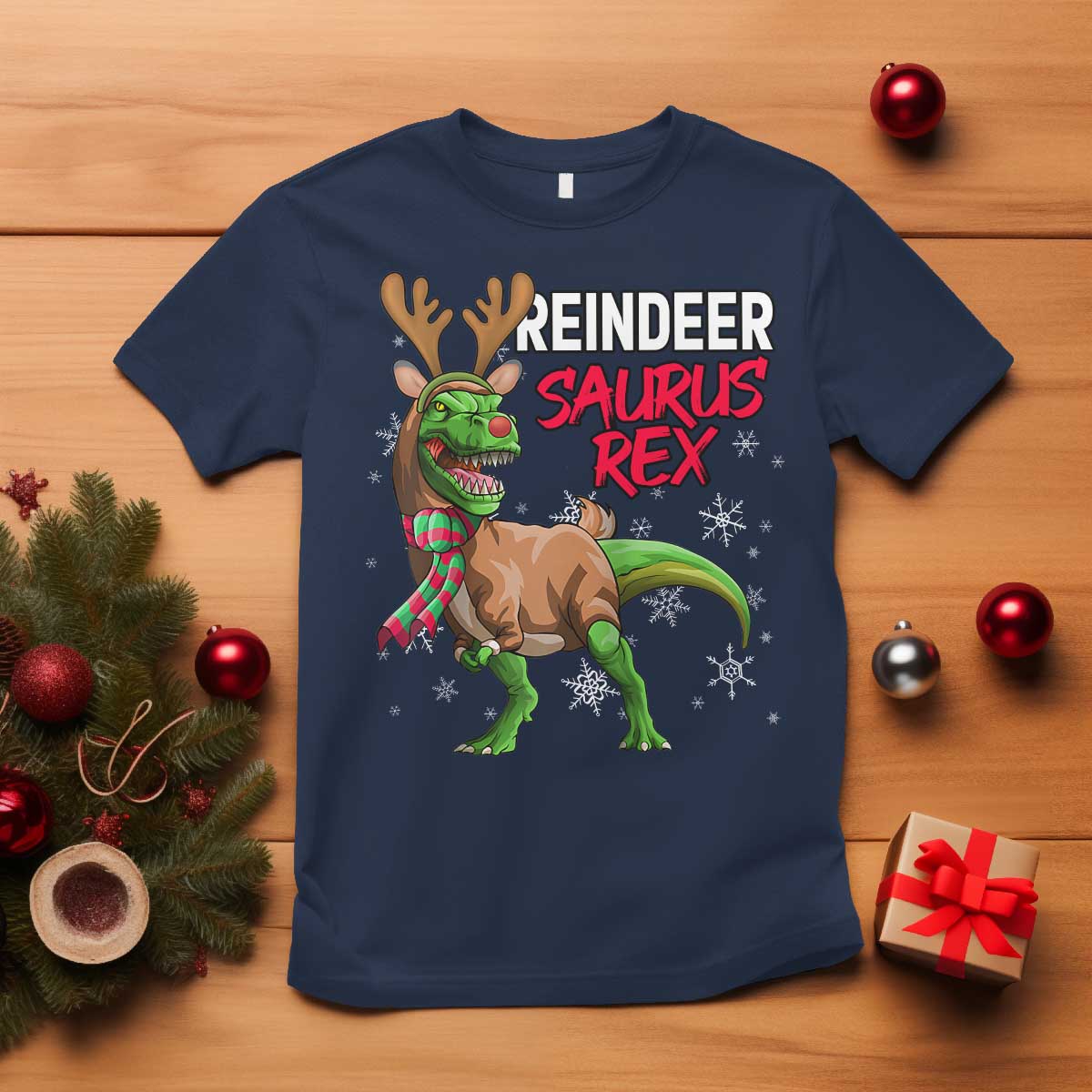 Funny Christmas Rex Dinosaur T Shirt Reindeer Saurus Rex Xmas Dinosaur TS11 Navy Print Your Wear