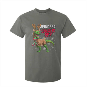 Funny Christmas Rex Dinosaur T Shirt For Kid Reindeer Saurus Rex Xmas Dinosaur TS11 Military Green Print Your Wear