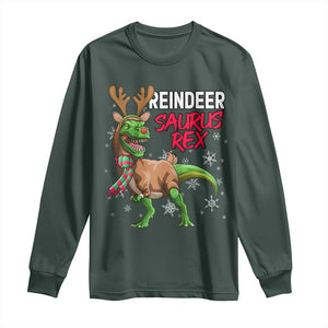 Funny Christmas Rex Dinosaur Long Sleeve Shirt Reindeer Saurus Rex Xmas Dinosaur TS11 Dark Forest Green Print Your Wear