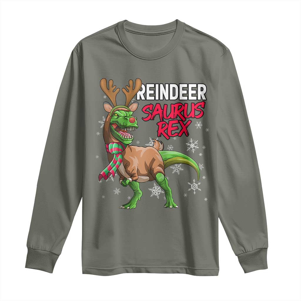 Funny Christmas Rex Dinosaur Long Sleeve Shirt Reindeer Saurus Rex Xmas Dinosaur TS11 Military Green Print Your Wear