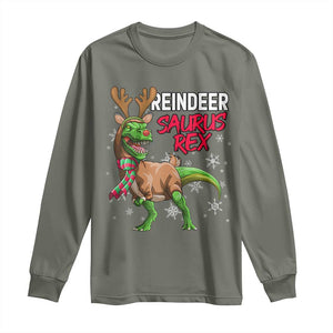 Funny Christmas Rex Dinosaur Long Sleeve Shirt Reindeer Saurus Rex Xmas Dinosaur TS11 Military Green Print Your Wear