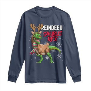 Funny Christmas Rex Dinosaur Long Sleeve Shirt Reindeer Saurus Rex Xmas Dinosaur TS11 Navy Print Your Wear