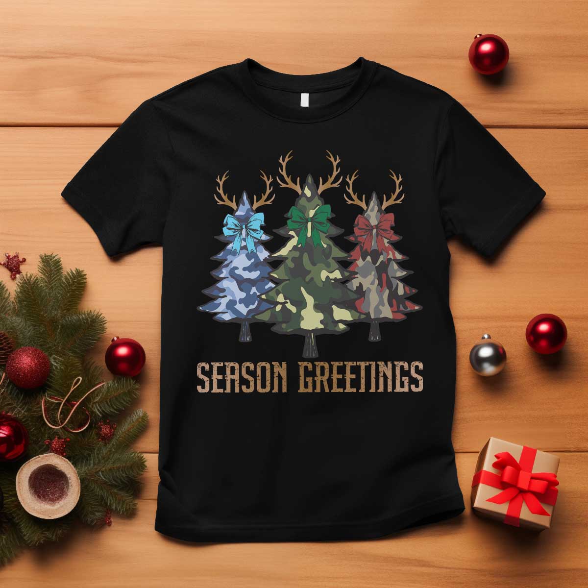 Funny Christmas Hunting T Shirt Season Greetings Camouflage Xmas Tree Reindeers TS11 Black Print Your Wear