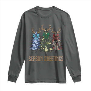 Funny Christmas Hunting Long Sleeve Shirt Season Greetings Camouflage Xmas Tree Reindeers TS11 Dark Heather Print Your Wear