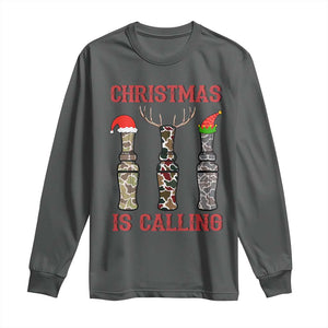 Funny Christmas Hunting Long Sleeve Shirt Christmas Is Calling Camouflage Hunting Whistle TS11 Dark Heather Print Your Wear