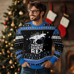 Funny Menorah Saurus Rex Dinosaur David Star Hanukkah Ugly Sweater TS11 Black Blue Print Your Wear