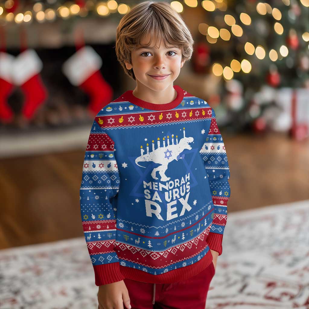 Funny Menorah Saurus Rex Dinosaur David Star Hanukkah Ugly Sweater TS11 Blue Red Print Your Wear