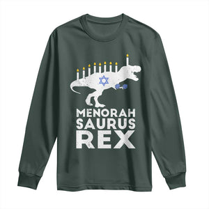 Funny Hanukkah Long Sleeve Shirt Menorah Saurus Rex Dinosaur David Star TS11 Dark Forest Green Print Your Wear