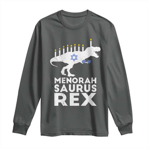 Funny Hanukkah Long Sleeve Shirt Menorah Saurus Rex Dinosaur David Star TS11 Dark Heather Print Your Wear