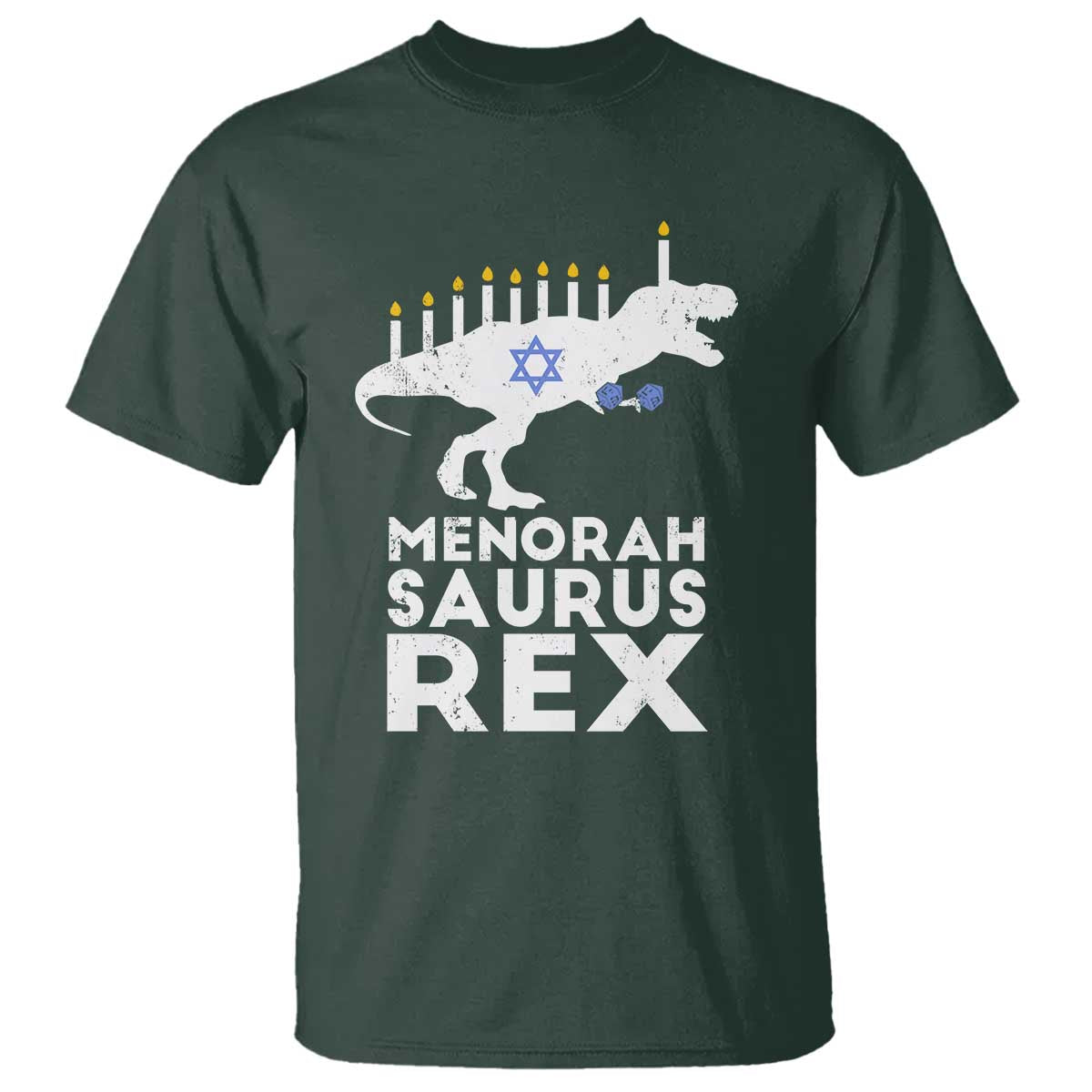 Funny Hanukkah T Shirt Menorah Saurus Rex Dinosaur David Star TS11 Dark Forest Green Print Your Wear