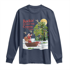 Funny Christmas Cajun Louisiana Long Sleeve Shirt Rockin' Around The Cypress Trees Santa Alligator TS11 Navy Print Your Wear