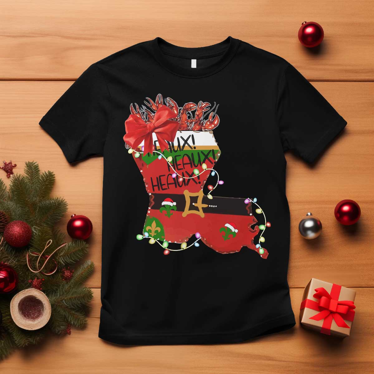 Funny Christmas Cajun T Shirt Triple Heaux Santa Louisiana Map Crawfish TS11 Black Print Your Wear