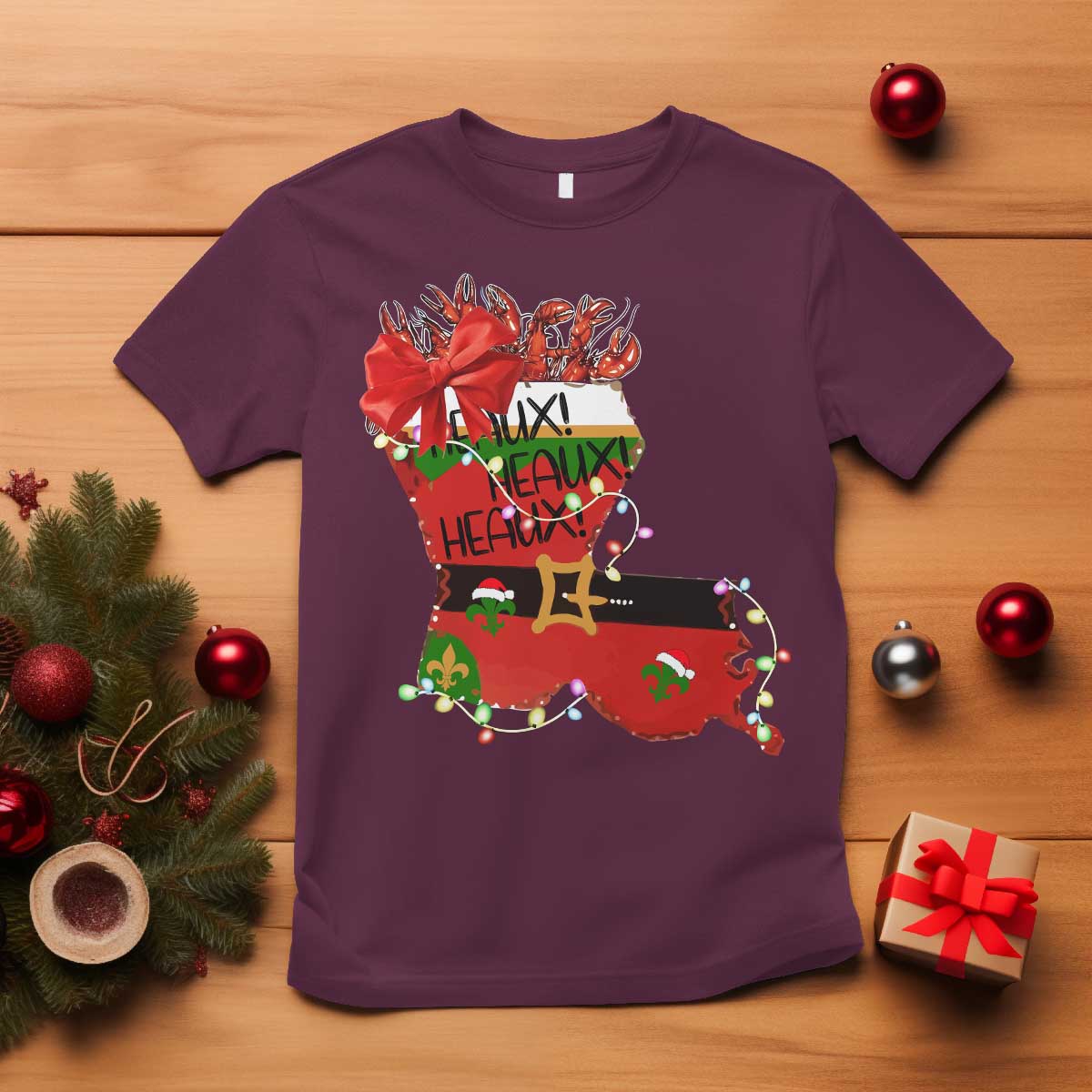 Funny Christmas Cajun T Shirt Triple Heaux Santa Louisiana Map Crawfish TS11 Maroon Print Your Wear