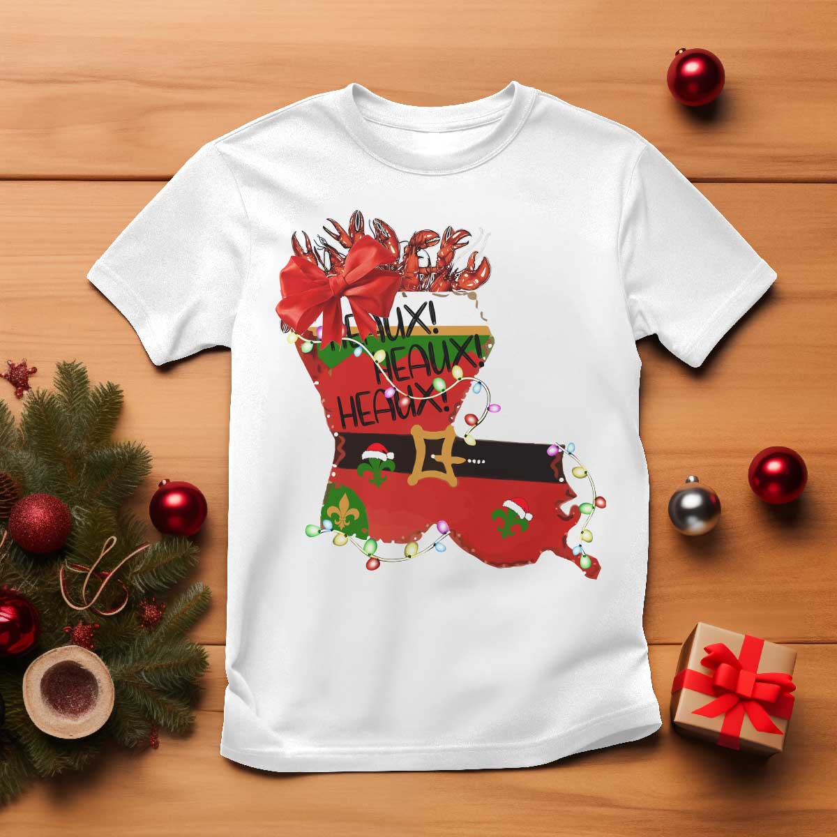 Funny Christmas Cajun T Shirt Triple Heaux Santa Louisiana Map Crawfish TS11 White Print Your Wear