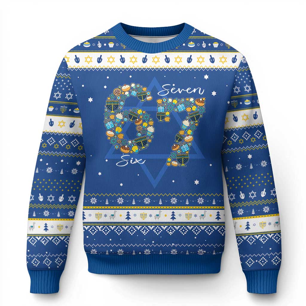 Funny Chanukah 67 Hanukkah Ugly Sweater Six Seven Meme Dreidel Gelt Star Of David TS11 Blue White Print Your Wear