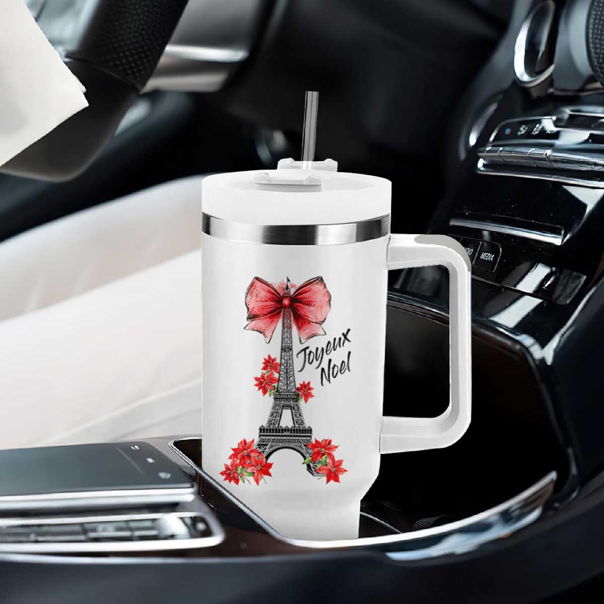 Joyeux Noel Eiffel Tower Tumbler With Handle Christmas In French Coquette Bow TS11 Print Your Wear