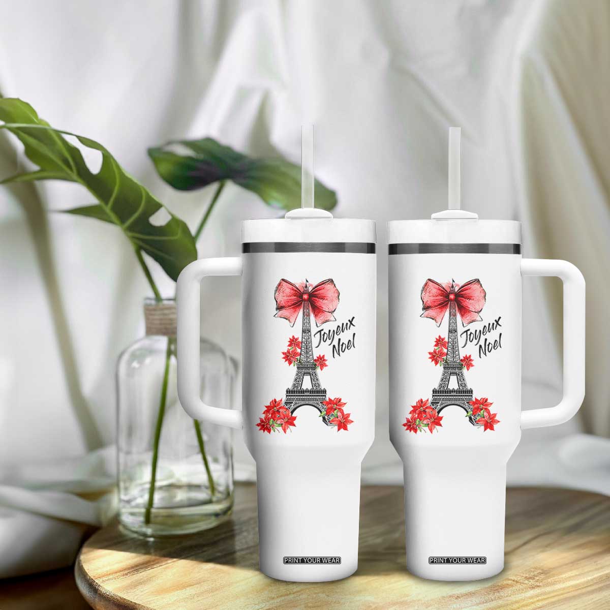 Joyeux Noel Eiffel Tower Tumbler With Handle Christmas In French Coquette Bow TS11 Print Your Wear