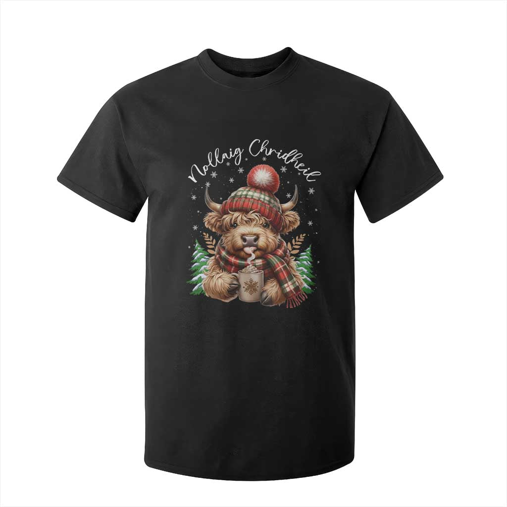 Scottish Christmas T Shirt For Kid Nollaig Chridheil Gaelic Xmas Higland Cow TS11 Black Print Your Wear