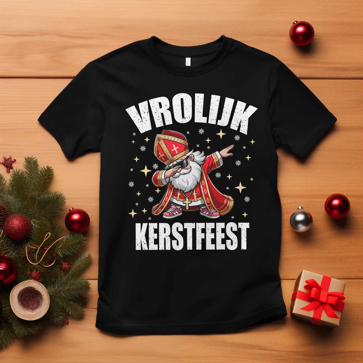 Dutch Christmas T Shirt Vrolijk Kerstfeest Dabiing Sinterklaas Santa TS11 Black Print Your Wear