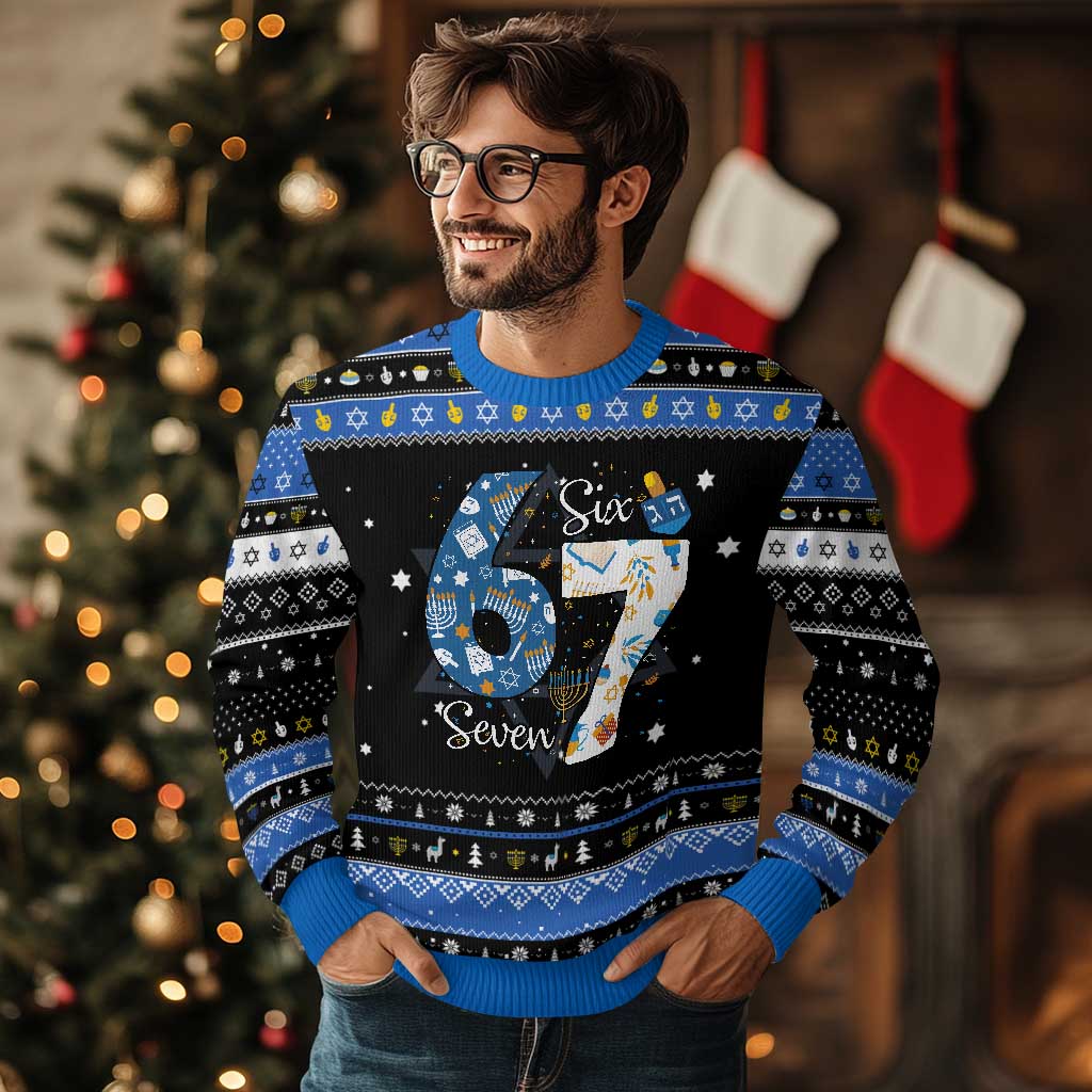 Funny 67 Chanukah Hanukkah Ugly Sweater Menorah Dreidel Six Seven Meme TS11 Black Blue Print Your Wear