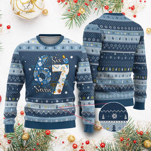 Funny 67 Chanukah Hanukkah Ugly Sweater Menorah Dreidel Six Seven Meme TS11 Navy Light Blue Print Your Wear
