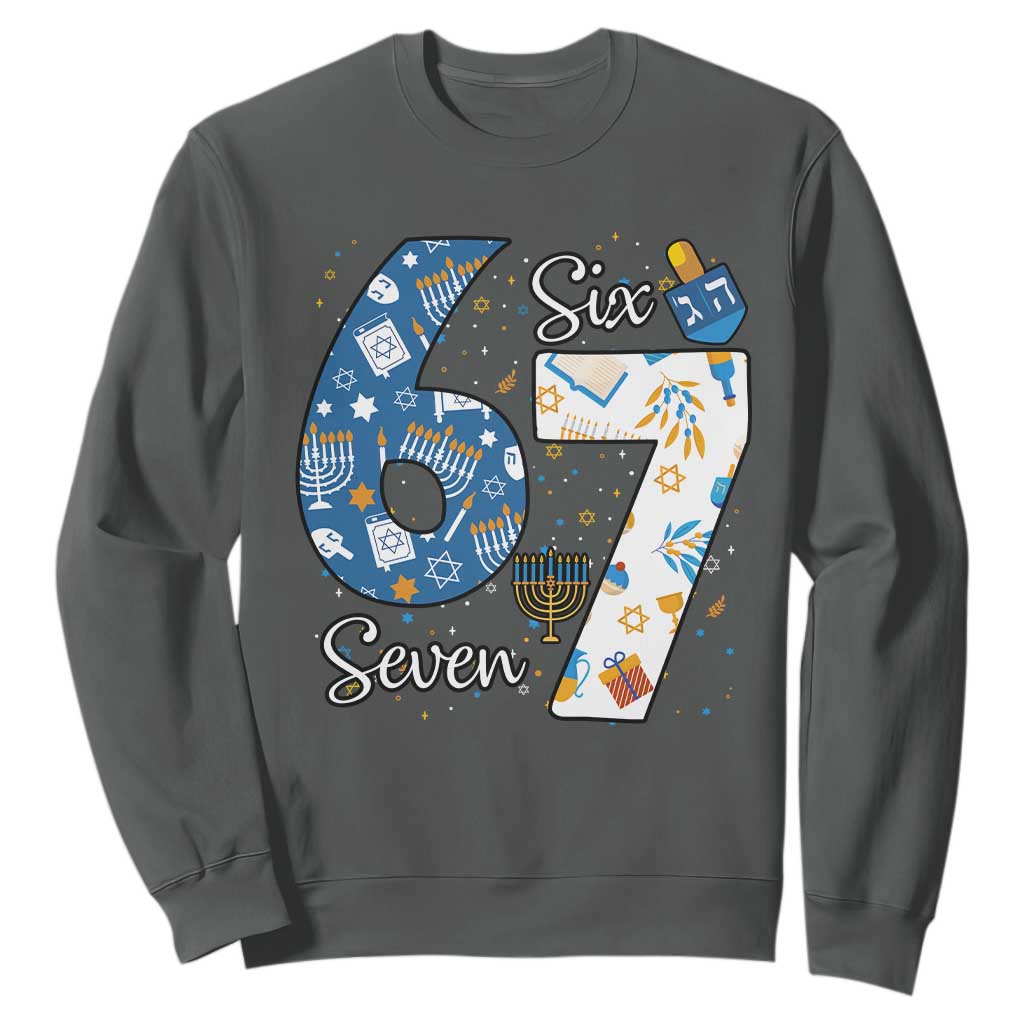 Funny 67 Hanukkah Sweatshirt Chanukah Menorah Dreidel Six Seven Meme TS11 Dark Heather Print Your Wear