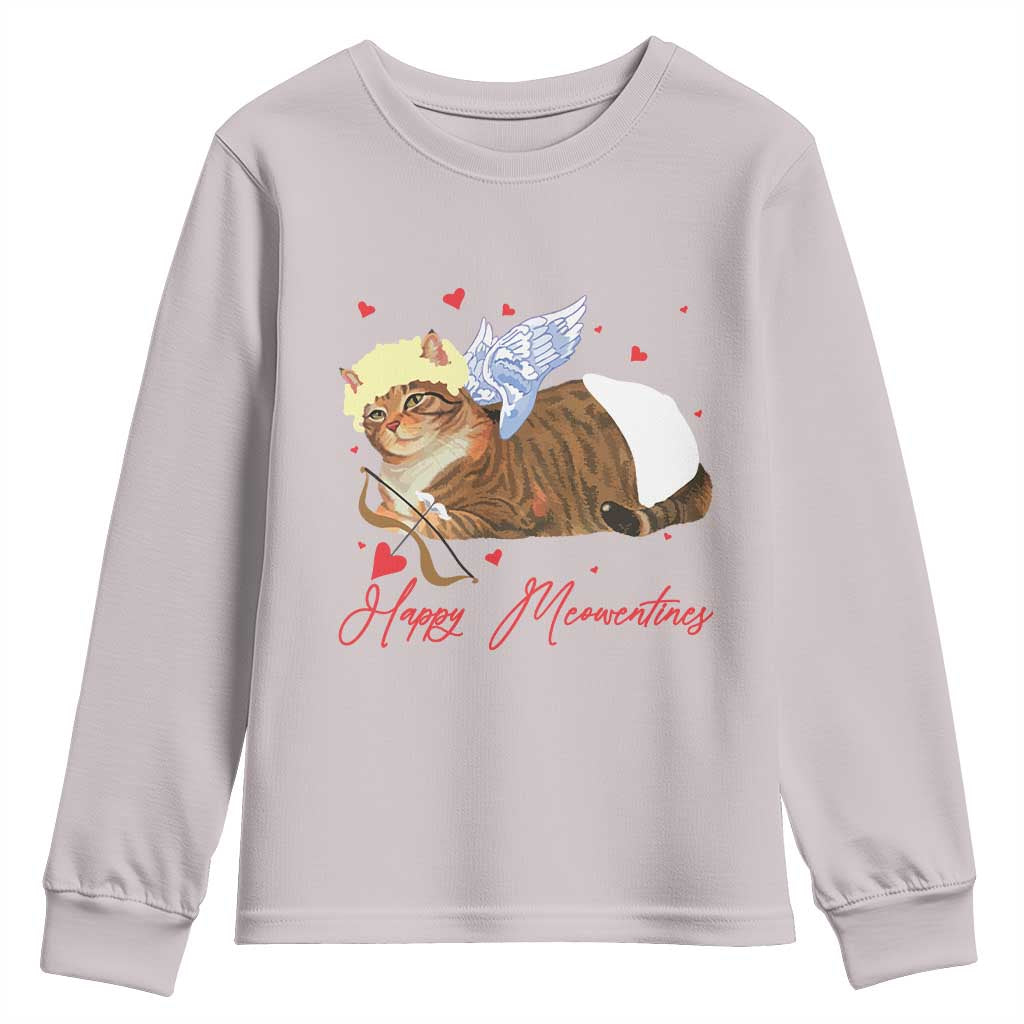 Funny Valentine's Day Cupid Cat Youth Sweatshirt Happy Meowentines TS11 Ice Gray Print Your Wear