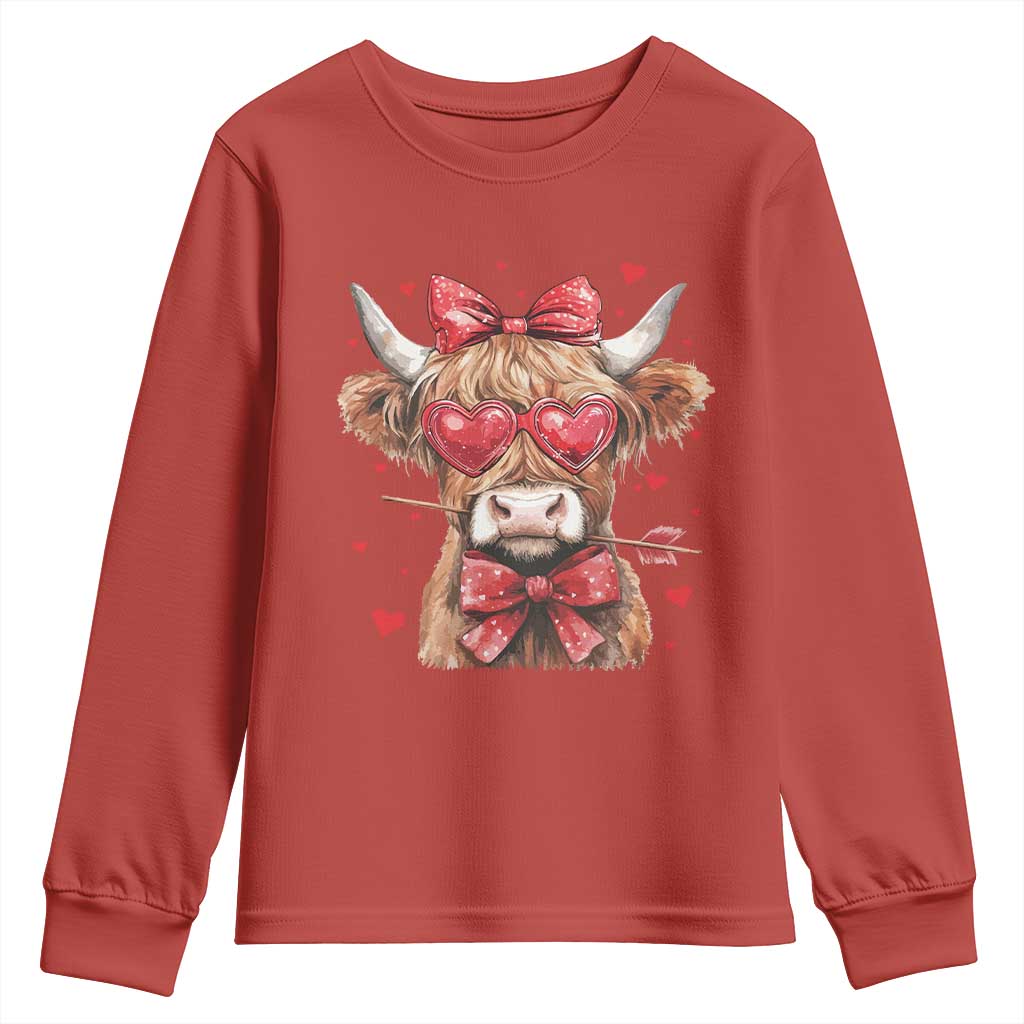 Funny Western Highland Cow Farm Valentine Youth Sweatshirt TS11 Red Print Your Wear
