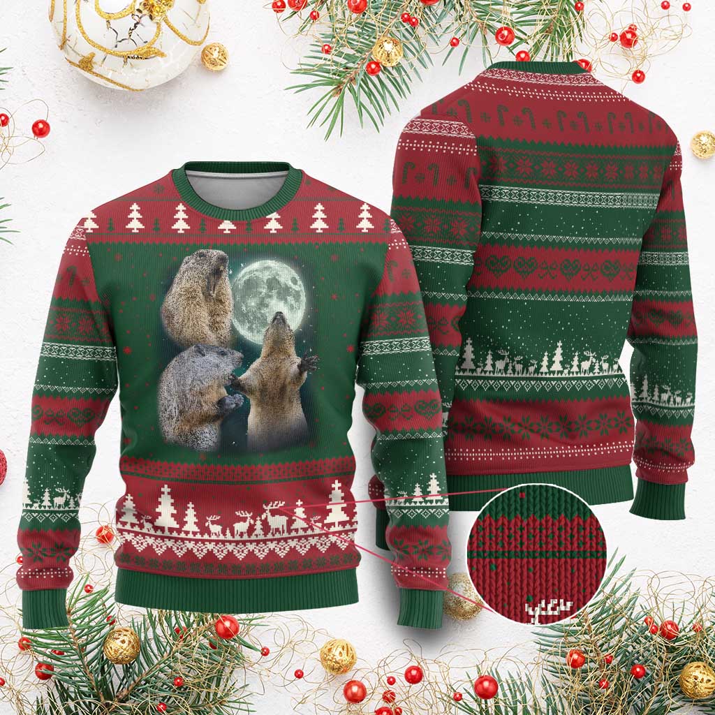 Funny Three Groundhog Moon Groundhog Day Meme Ugly Christmas Sweater TS11 Red Green Print Your Wear