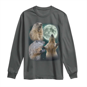 Funny Three Groundhog Moon Groundhog Day Meme Long Sleeve Shirt TS11 Dark Heather Print Your Wear