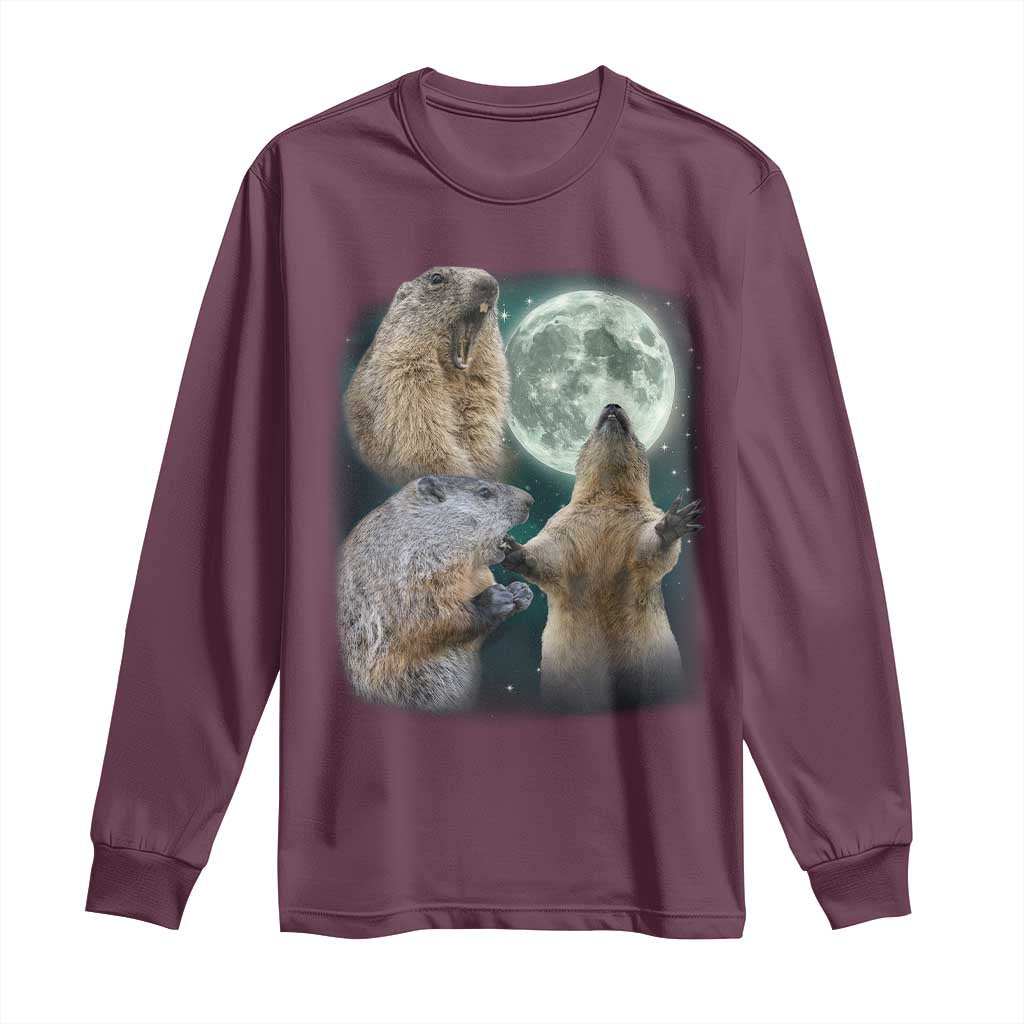 Funny Three Groundhog Moon Groundhog Day Meme Long Sleeve Shirt TS11 Maroon Print Your Wear