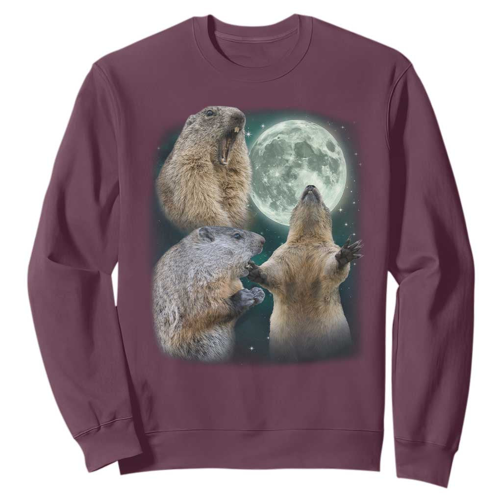 Funny Three Groundhog Moon Groundhog Day Meme Sweatshirt TS11 Maroon Print Your Wear