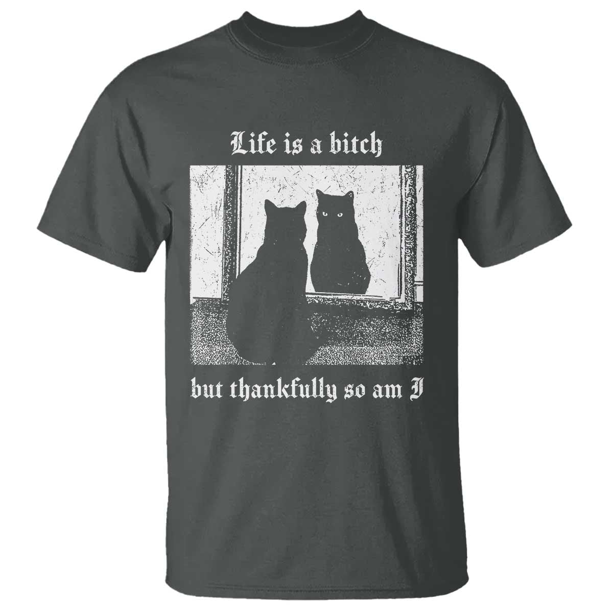 Funny Life Is A Bitch But Thankfully So Am I T Shirt Black Cat Meme TS11 Dark Heather Print Your Wear