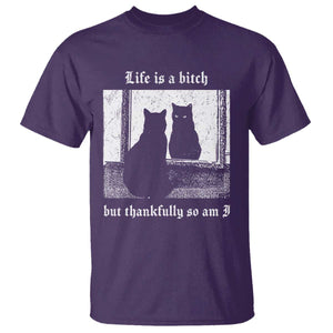 Funny Life Is A Bitch But Thankfully So Am I T Shirt Black Cat Meme TS11 Purple Print Your Wear