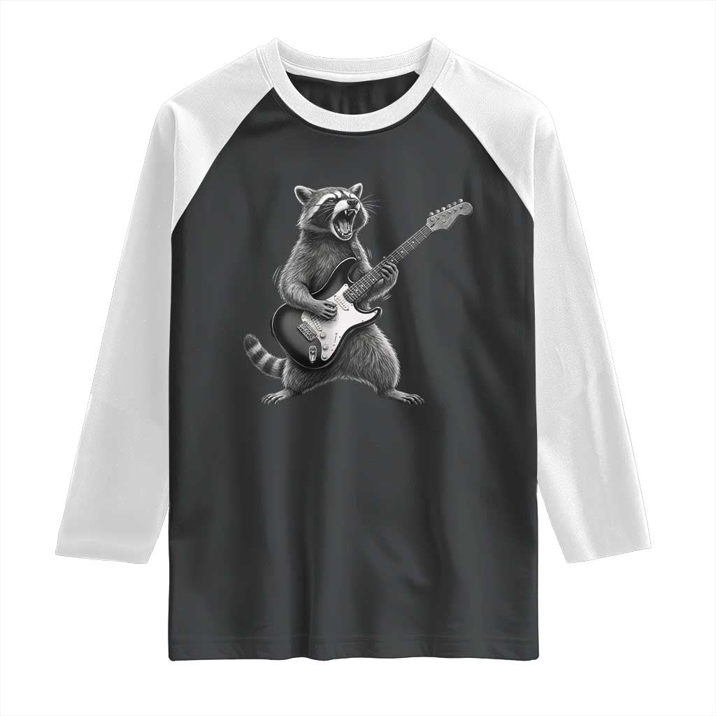 Funny Raccoon Playing Guitar Rock and Roll Raglan Shirt TS11 Black White Print Your Wear