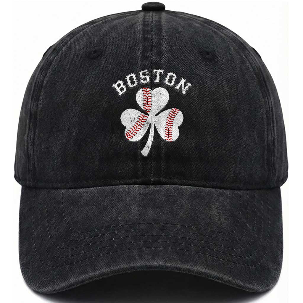Funny Boston St Patricks Day Baseball Shamrock Washed Cotton Baseball Cap TS11 Washed Cap Universal Fit Black Print Your Wear