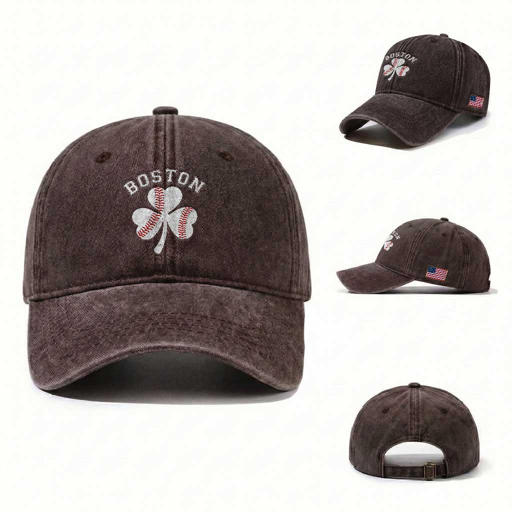 Funny Boston St Patricks Day Baseball Shamrock Washed Cotton Baseball Cap TS11 Washed Cap Universal Fit Dark Brown Print Your Wear