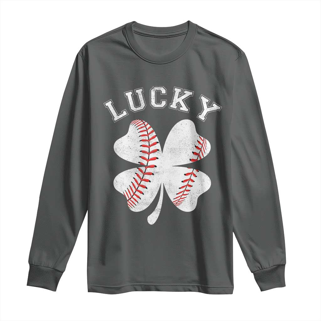 Funny Baseball Lucky Clover St Patricks Day Long Sleeve Shirt TS11 Dark Heather Print Your Wear