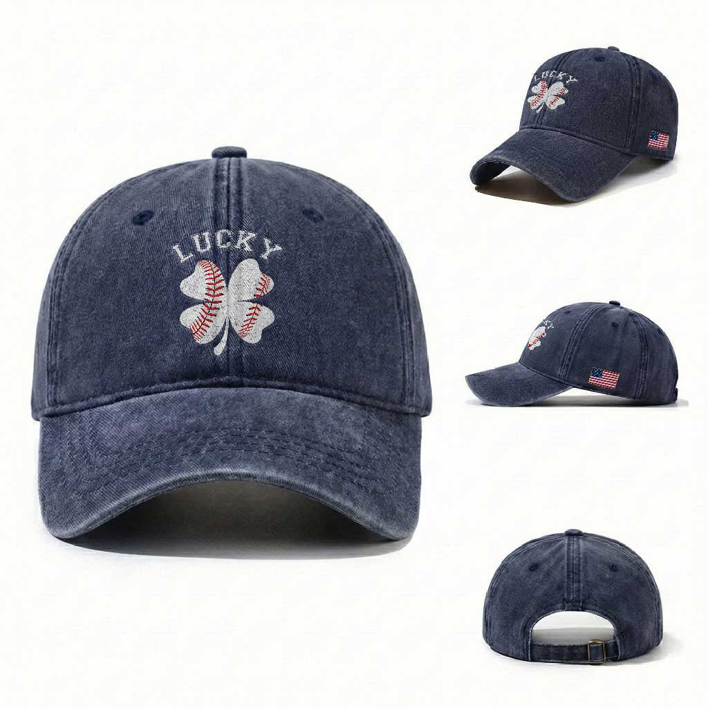 Funny Baseball Lucky Clover St Patricks Day Washed Cotton Baseball Cap TS11 Washed Cap Universal Fit Navy Print Your Wear