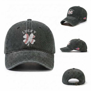 Funny Baseball Lucky Clover St Patricks Day Washed Cotton Baseball Cap TS11 Washed Cap Universal Fit Dark Green Print Your Wear