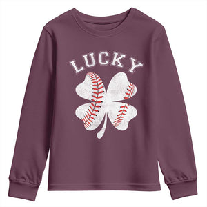 Funny Baseball Lucky Clover St Patricks Day Youth Sweatshirt TS11 Maroon Print Your Wear
