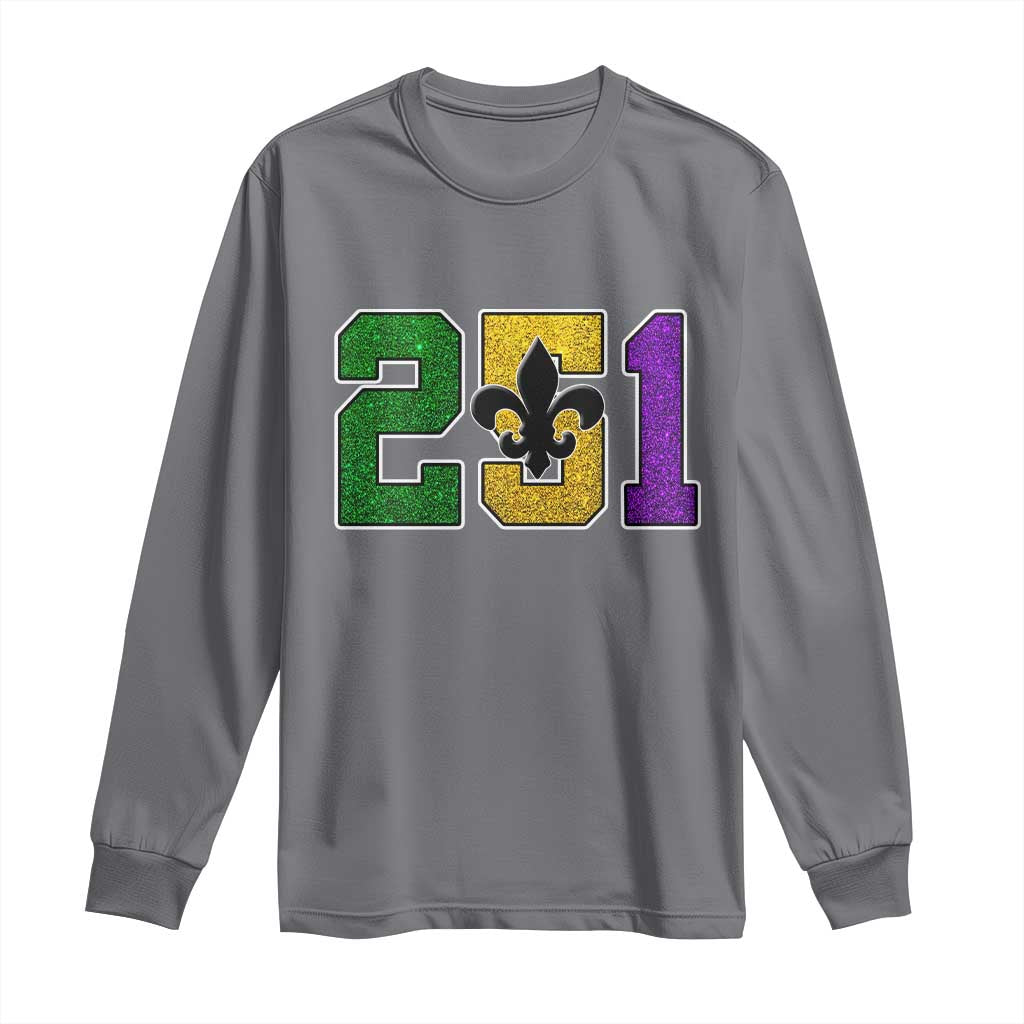 Funny Mardi Gras Mobile Alabama Long Sleeve Shirt 251 Area Code Glitter Print Fleur De Lis TS11 Charcoal Print Your Wear